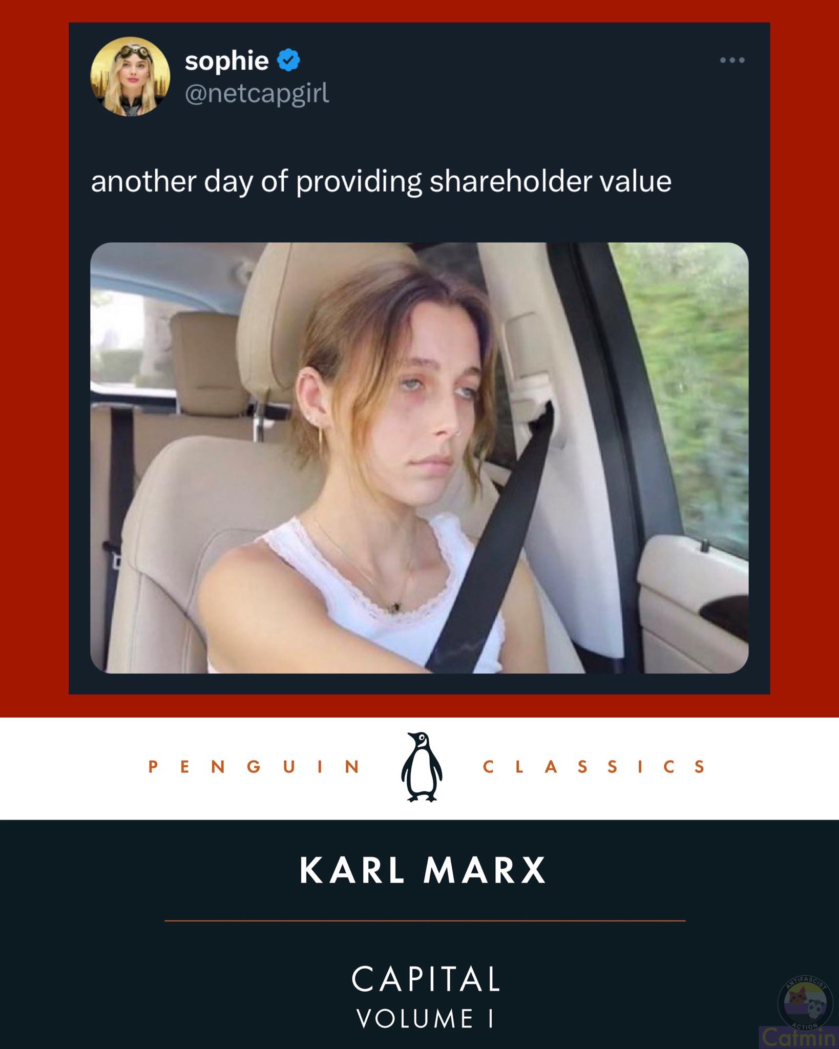 This meme is a humorous take on the concept of "owning the libs" (a phrase that refers to the idea of making a joke or statement that is so absurd or ridiculous that it forces others to acknowledge its absurdity). The image features a screenshot of a Twitter post with the text "in 2-3 sentences, describe this meme for someone who cannot see it" and the phrase "another day of providing shareholder value".
